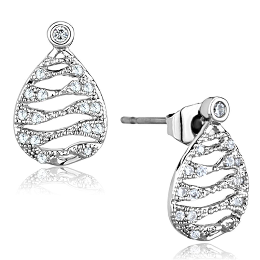 3W664 - Rhodium Brass Earrings with AAA Grade CZ  in Clear