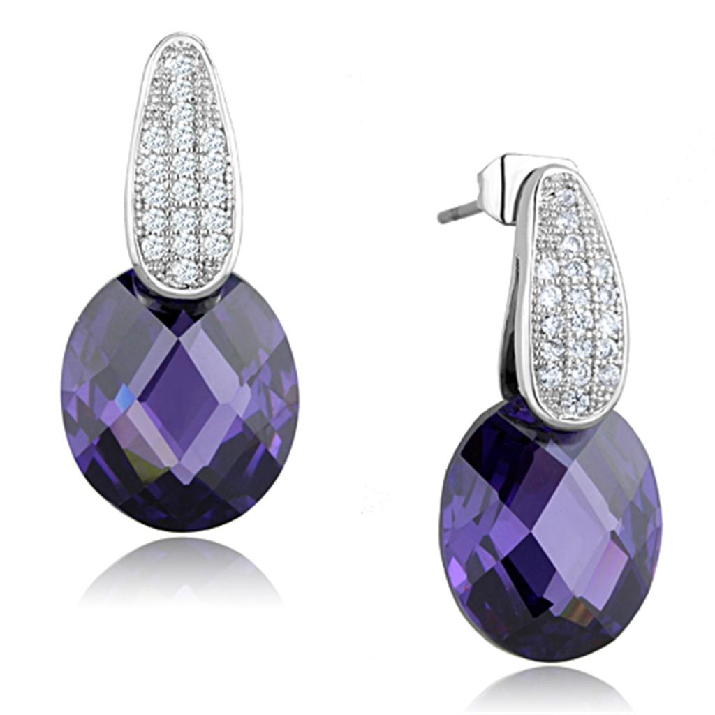 3W667 - Rhodium Brass Earrings with AAA Grade CZ  in Amethyst