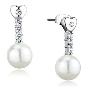 3W675 - Rhodium Brass Earrings with Synthetic Pearl in White