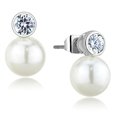 3W681 - Rhodium Brass Earrings with Synthetic Pearl in White