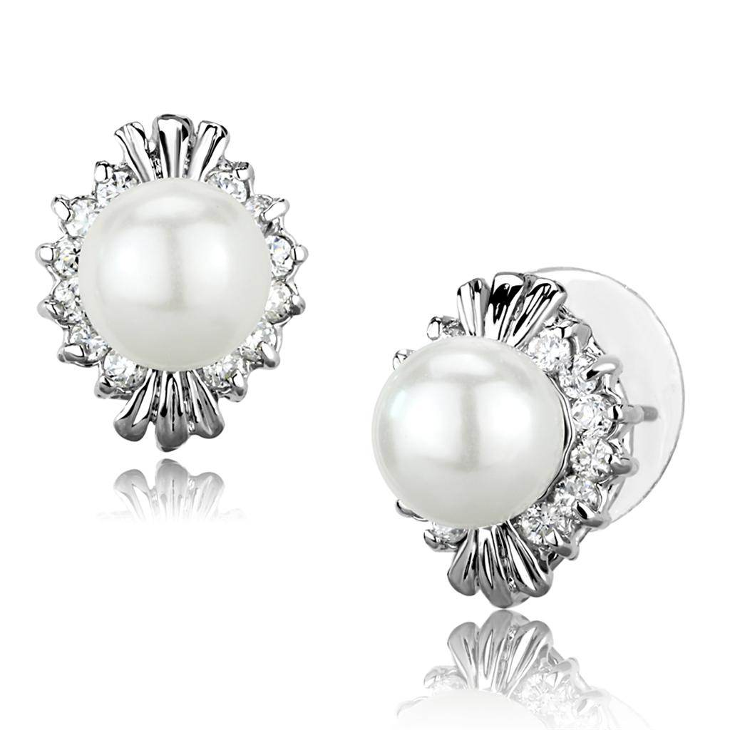 3W886 - Rhodium Brass Earrings with Synthetic Pearl in White