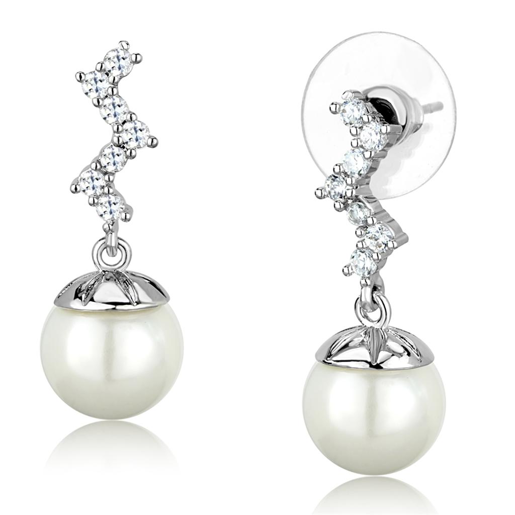3W894 - Rhodium Brass Earrings with Synthetic Pearl in White