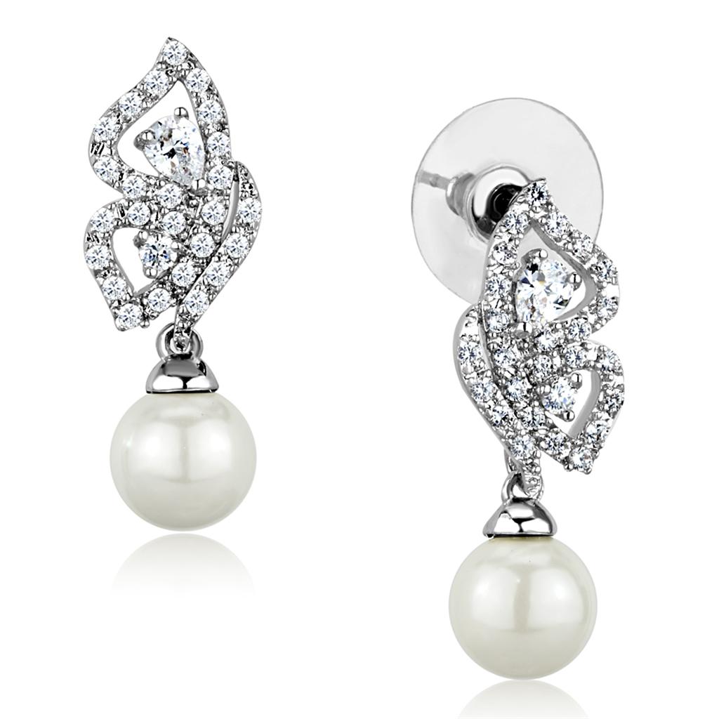 3W902 - Rhodium Brass Earrings with Synthetic Pearl in White