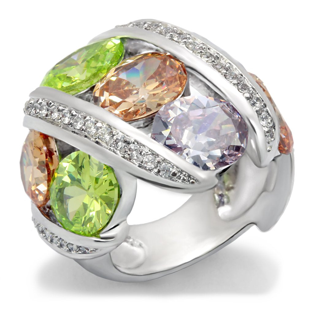 Alaina Cocktail Ring - Rhodium Brass, AAA CZ , Multi Color - 6X019