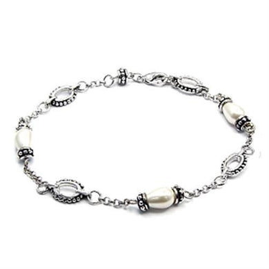 6X493 - Rhodium Brass Bracelet with Synthetic Pearl in White