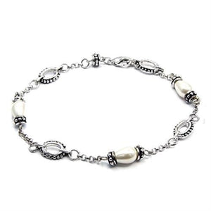 6X493 - Rhodium Brass Bracelet with Synthetic Pearl in White