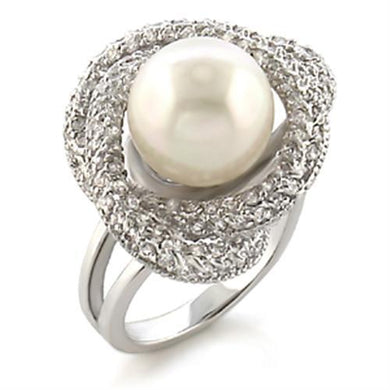 9W005 - Rhodium Brass Ring with Synthetic Pearl in White