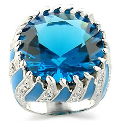 9W189 - Rhodium Brass Ring with Synthetic Synthetic Glass in Sea Blue