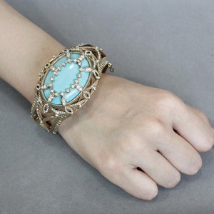 LO4348 - Gold Brass Bangle with Synthetic  in Sea Blue