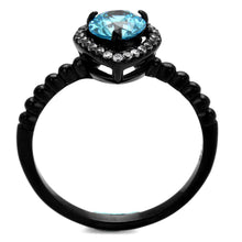 Load image into Gallery viewer, TK2364 - IP Black(Ion Plating) Stainless Steel Ring with AAA Grade CZ  in Sea Blue