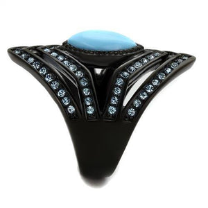 TK2482 - IP Black(Ion Plating) Stainless Steel Ring with Synthetic Turquoise in Sea Blue