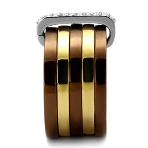 TK2601 - Three Tone (IP Gold & IP Light coffee & High Polished) Stainless Steel Ring with Top Grade Crystal  in Clear