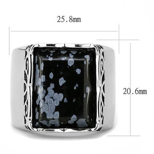 TK3230 - High polished (no plating) Stainless Steel Ring with Semi-Precious Snowflake Obsidian in Jet