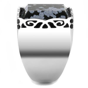 TK3230 - High polished (no plating) Stainless Steel Ring with Semi-Precious Snowflake Obsidian in Jet