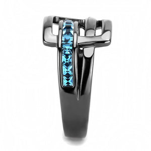 TK3451 - IP Light Black  (IP Gun) Stainless Steel Ring with Top Grade Crystal  in Sea Blue