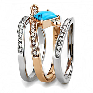 TK3519 - Two-Tone IP Rose Gold Stainless Steel Ring with Synthetic Turquoise in Sea Blue
