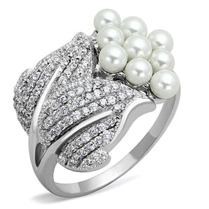 TS167 - Rhodium 925 Sterling Silver Ring with Synthetic Pearl in White