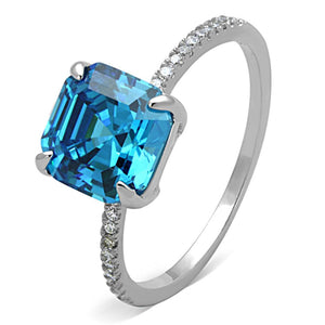 TS178 - Rhodium 925 Sterling Silver Ring with Cubic  in Sea Blue