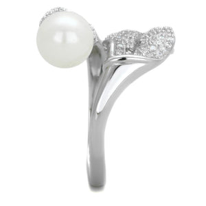 TS329 - Rhodium 925 Sterling Silver Ring with Synthetic Pearl in White