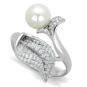 TS329 - Rhodium 925 Sterling Silver Ring with Synthetic Pearl in White