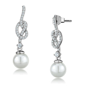 TS506 - Rhodium 925 Sterling Silver Earrings with Synthetic Glass Bead in White