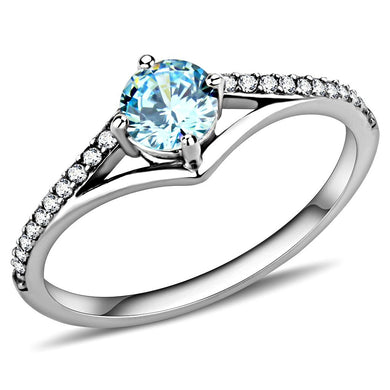 DA167 - High polished (no plating) Stainless Steel Ring with AAA Grade CZ  in Sea Blue