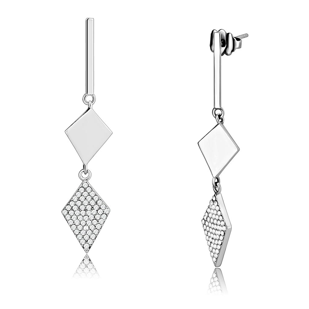 DA194 - High polished (no plating) Stainless Steel Earrings with AAA Grade CZ  in Clear