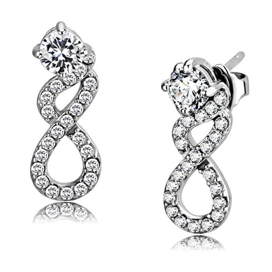 DA203 - High polished (no plating) Stainless Steel Earrings with AAA Grade CZ  in Clear