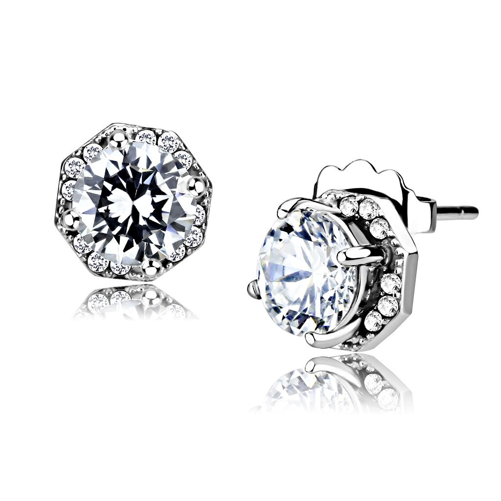 DA212 - High polished (no plating) Stainless Steel Earrings with AAA Grade CZ  in Clear