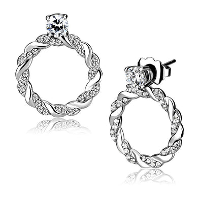 DA217 - High polished (no plating) Stainless Steel Earrings with AAA Grade CZ  in Clear