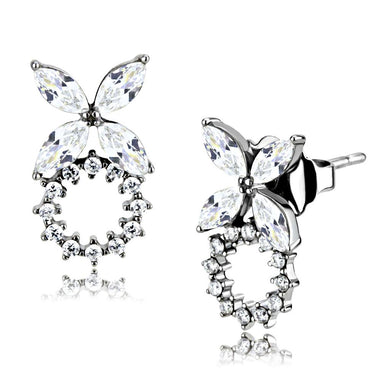 DA296 - High polished (no plating) Stainless Steel Earrings with AAA Grade CZ  in Clear