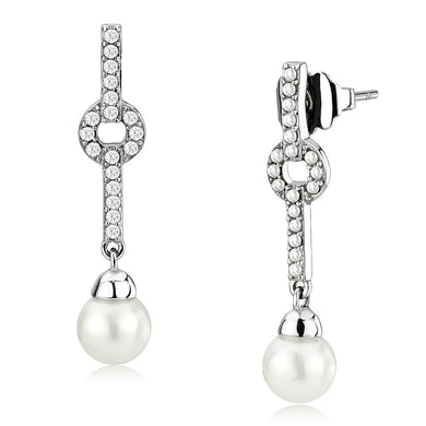 DA370 - High polished (no plating) Stainless Steel Earrings with Synthetic Pearl in White