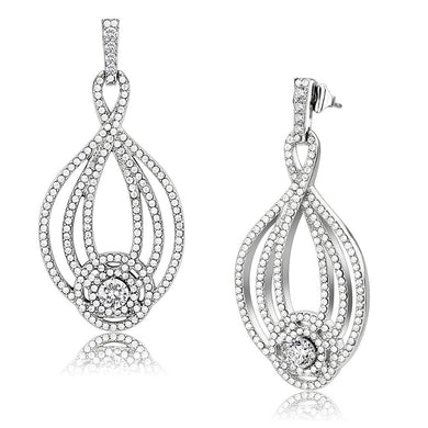 DA374 - High polished (no plating) Stainless Steel Earrings with AAA Grade CZ  in Clear