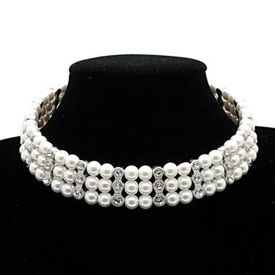 LO1609 - Rhodium Brass Necklace with Synthetic Pearl in White