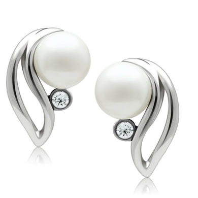 LO1977 - Rhodium White Metal Earrings with Synthetic Pearl in White