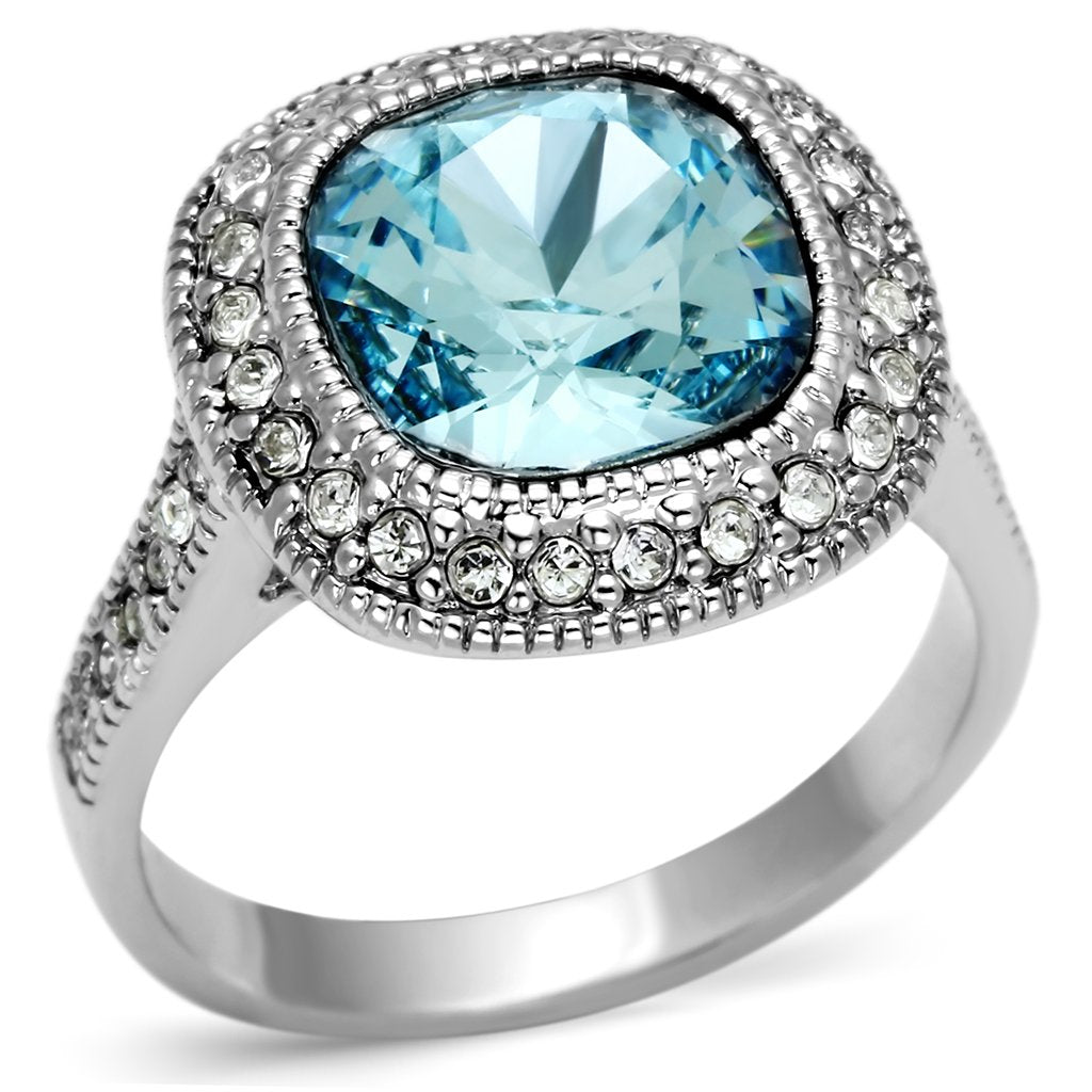 LO2506 - Rhodium Brass Ring with Top Grade Crystal  in Sea Blue