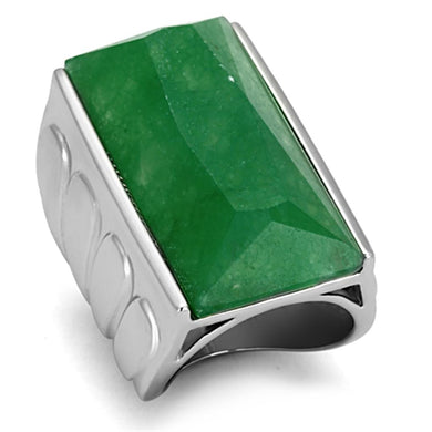 LO3023 - Rhodium Brass Ring with Synthetic Jade in Emerald