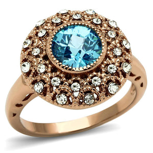 LO3535 - Rose Gold Brass Ring with AAA Grade CZ  in Sea Blue