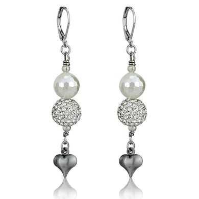 LO3804 - Antique Silver White Metal Earrings with Synthetic Glass Bead in White
