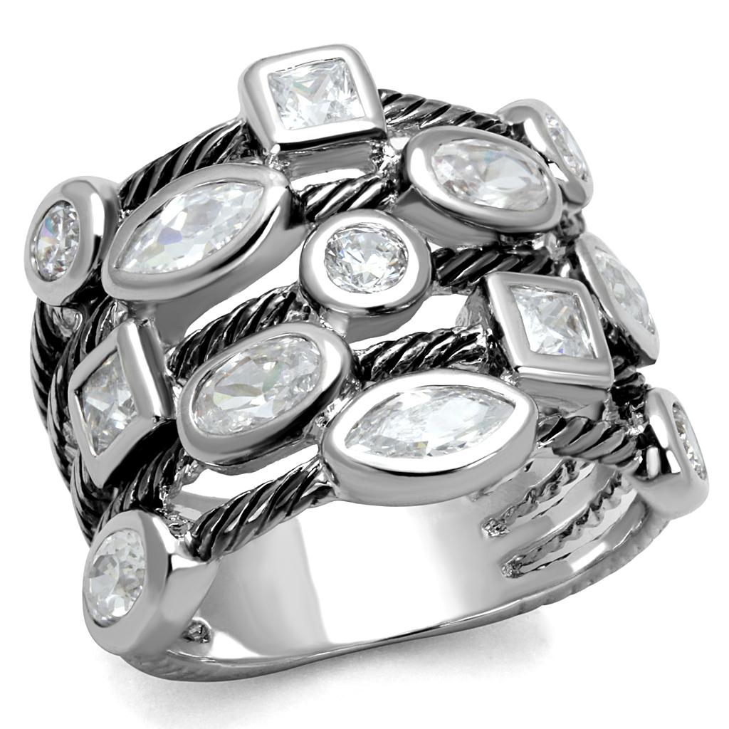 LO4083 - Rhodium Brass Ring with AAA Grade CZ  in Clear