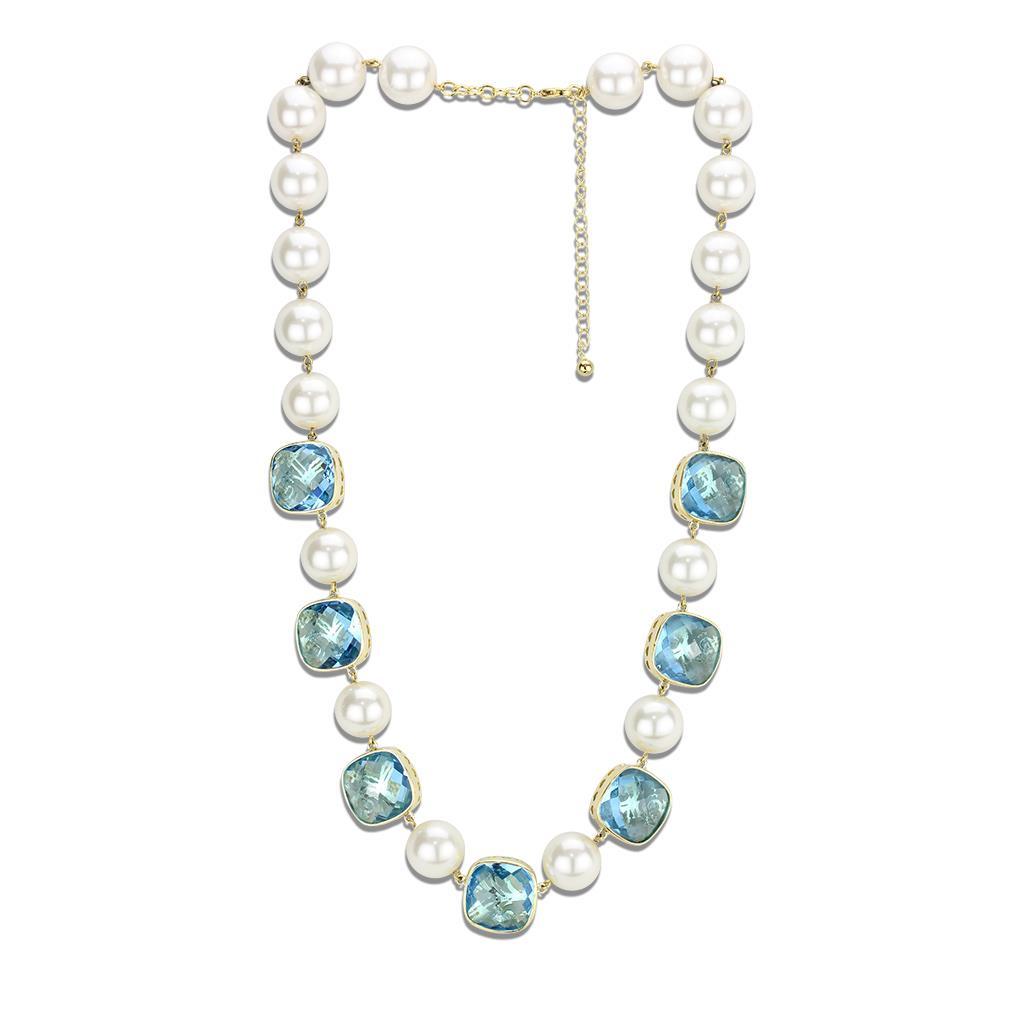 LO4706 - Gold Brass Necklace with Synthetic Synthetic Glass in Sea Blue