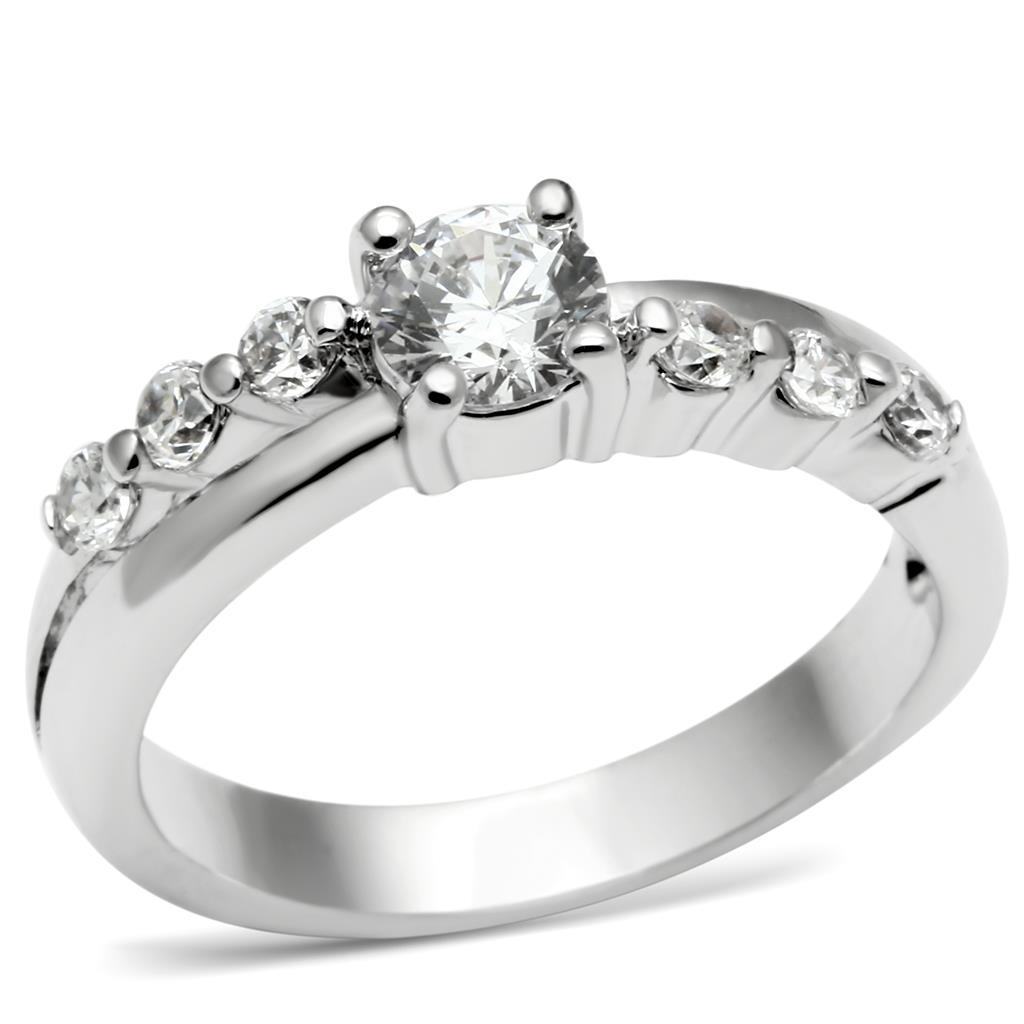 LO4713 - Rhodium Brass Ring with AAA Grade CZ  in Clear