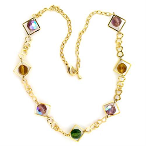 LO719 - Gold Brass Necklace with Synthetic Glass Bead in Multi Color