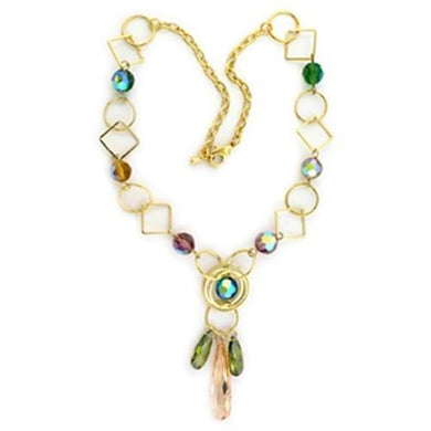 LO721 - Gold Brass Necklace with Synthetic Glass Bead in Multi Color