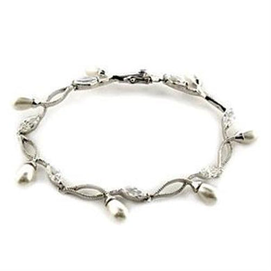 LOA542 - Rhodium 925 Sterling Silver Bracelet with Synthetic Pearl in White