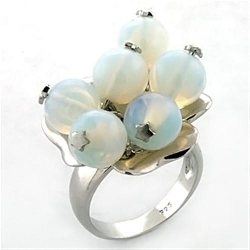 LOA645 - Rhodium 925 Sterling Silver Ring with Synthetic Glass Bead in White