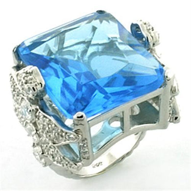 LOA646 - Rhodium 925 Sterling Silver Ring with Synthetic Synthetic Glass in Sea Blue