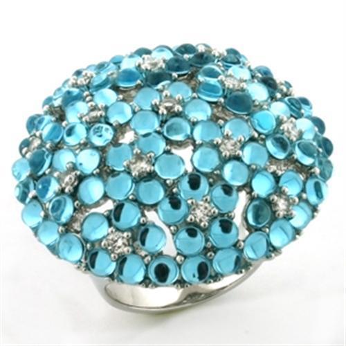 LOA740 - Rhodium Brass Ring with Synthetic Imitation Amber  in Sea Blue