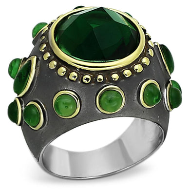 LOA881 - Reverse Two-Tone Brass Ring with Synthetic Synthetic Glass in Emerald