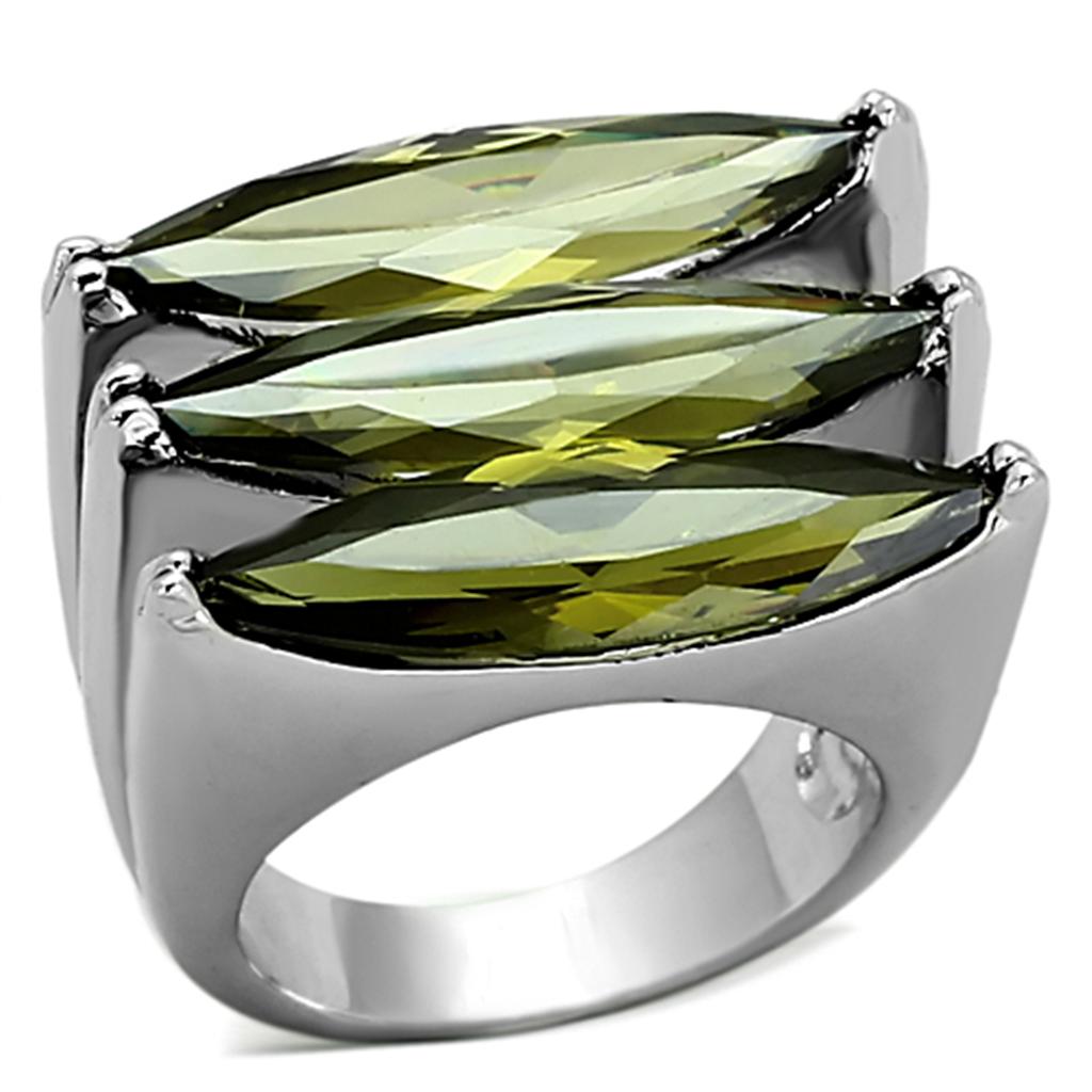 LOA918 - Rhodium Brass Ring with AAA Grade CZ  in Olivine color